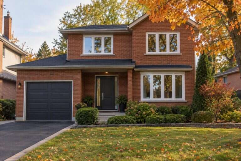 Ontario brick home with new white windows and a fibreglass front door